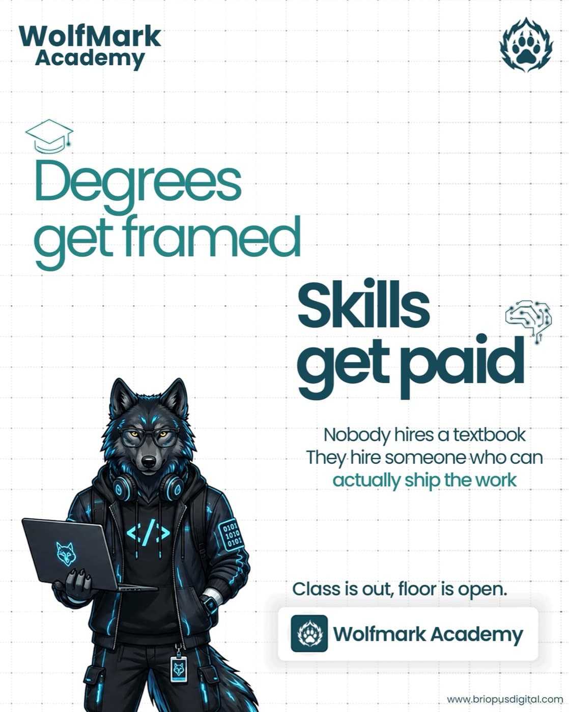 WolfMark Academy poster: Degrees get framed, skills get paid. Nobody hires a textbook; they hire someone who can actually ship the work.