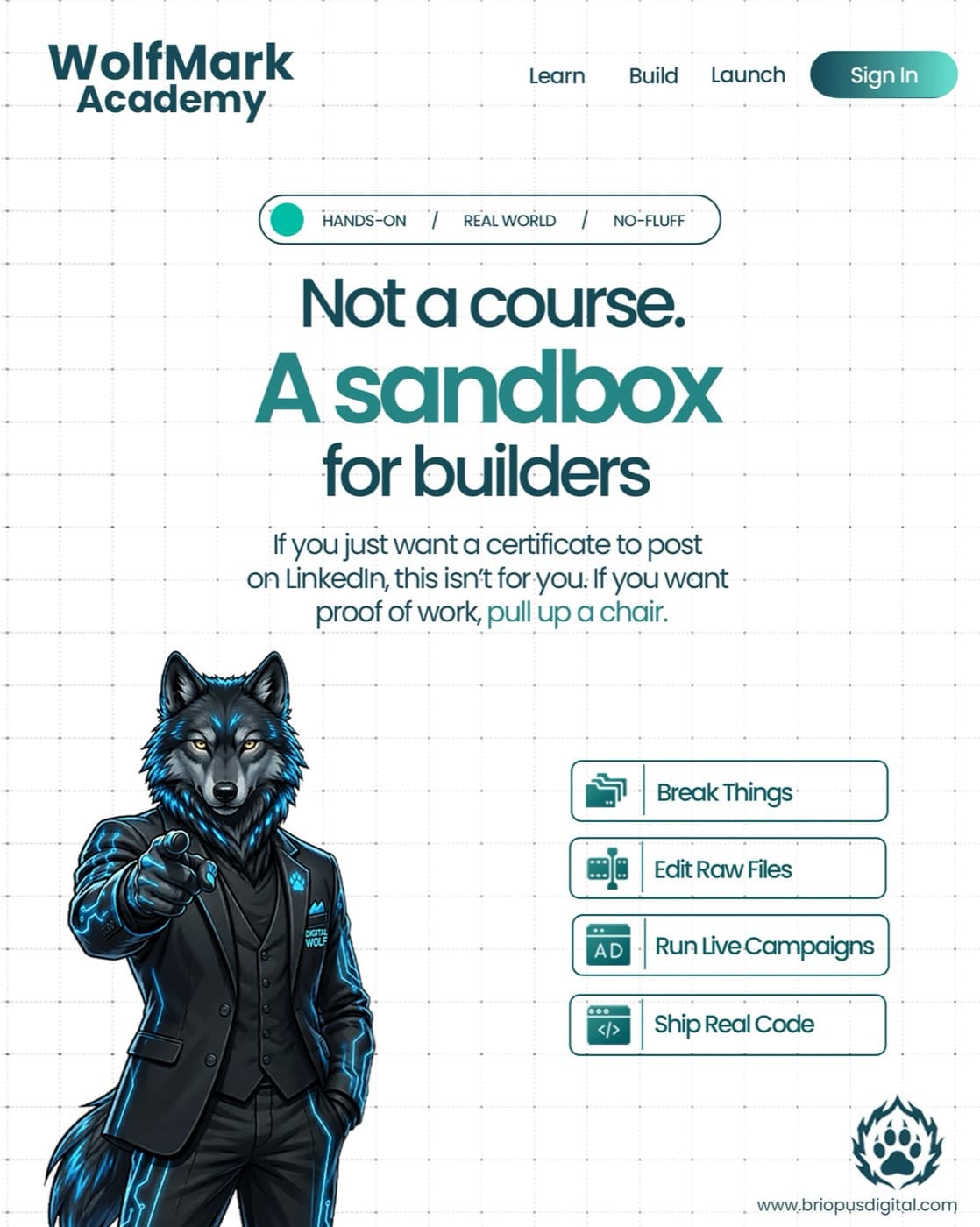 WolfMark Academy poster: Not a course. A sandbox for builders. Break things, edit raw files, run live campaigns, ship real code.